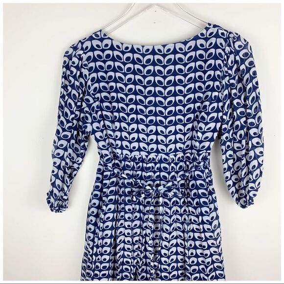 Aqua Blue/White Sheer Print Boho Babydoll Dress - Picture 4 of 16